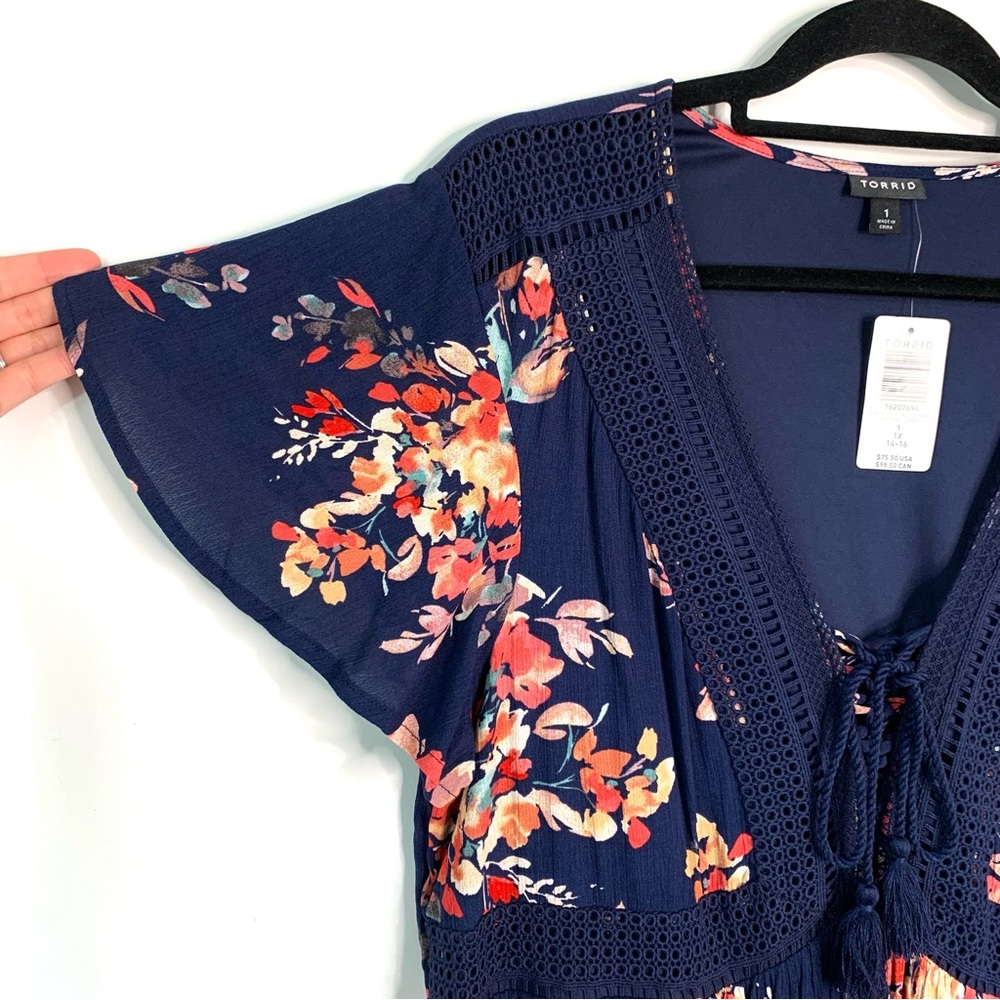 NWT Torrid Mini Gauze Lace Up Skater Dress Sz 1X Navy Blue Floral Print Boho - Picture 5 of 11